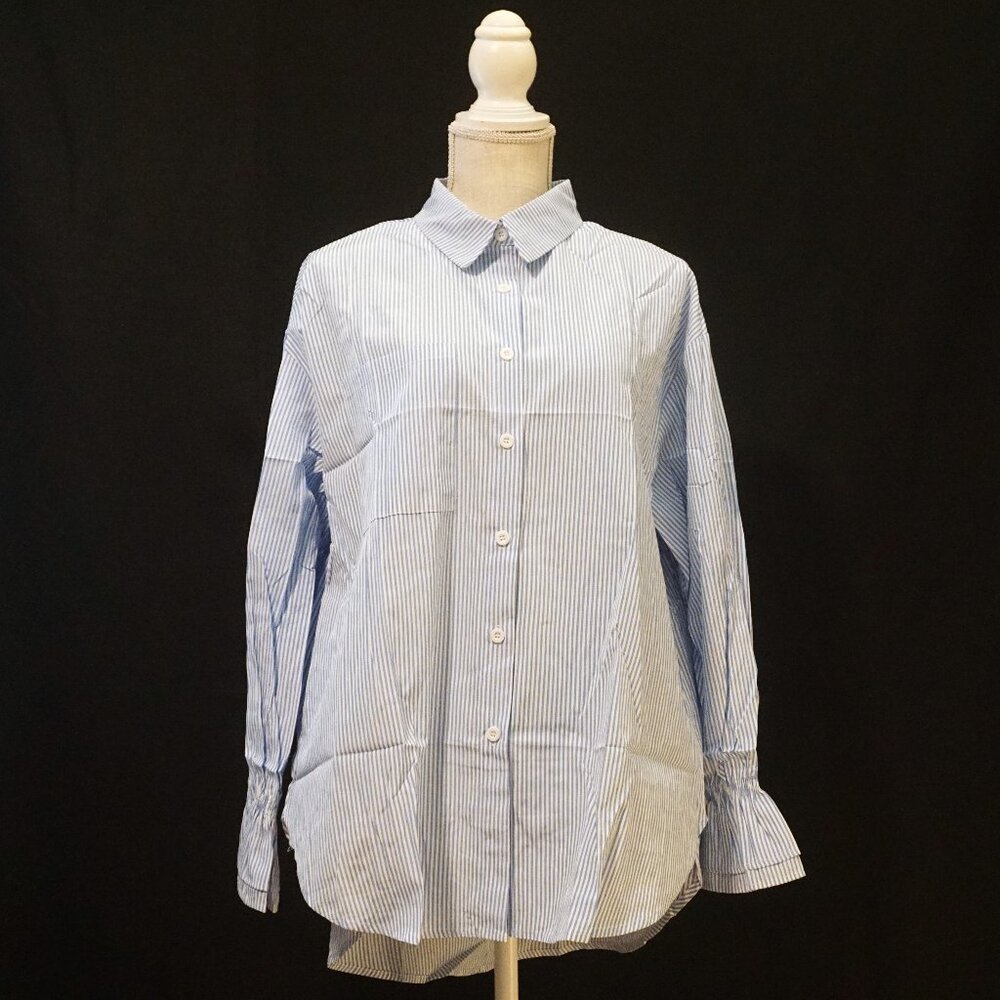 Uinke Blue and White Pinstripe Button Up Shirt Ruffle Sleeve Hem Women’s Large